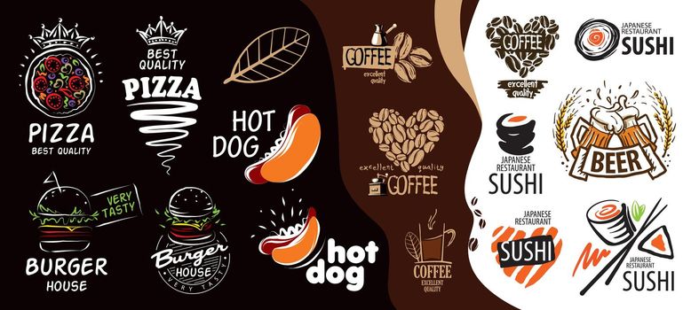 Vector set of drawn signs of fast food, coffee, pizza, burgers, hot dogs, sushi, beer.