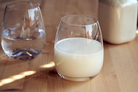 A glass of healthy drink made from whey protein powder