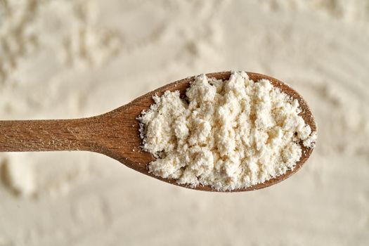 Whey protein powder on a wooden cooking spoon, top view