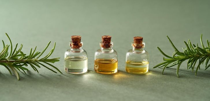 Three essential oil bottles with fresh rosemary twigs on green background with copy space