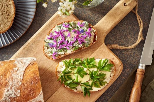 Two slices of bread with wild edible spring plants - ground elder leaves, purple dead-nettle and lungwort flowers