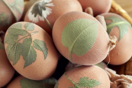 Easter eggs prepared for dying with onion peels with a pattern of fresh herbs