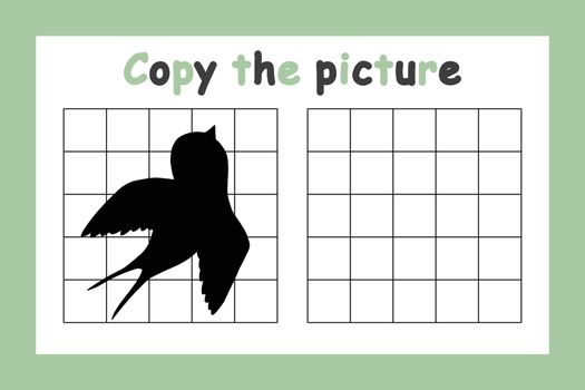 Copy the picture. Educational game for children. Cute swallow. Drawing activity for kids. Colorful vector illustration.