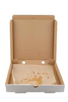 empty eaten pizza box isolated on white background.
