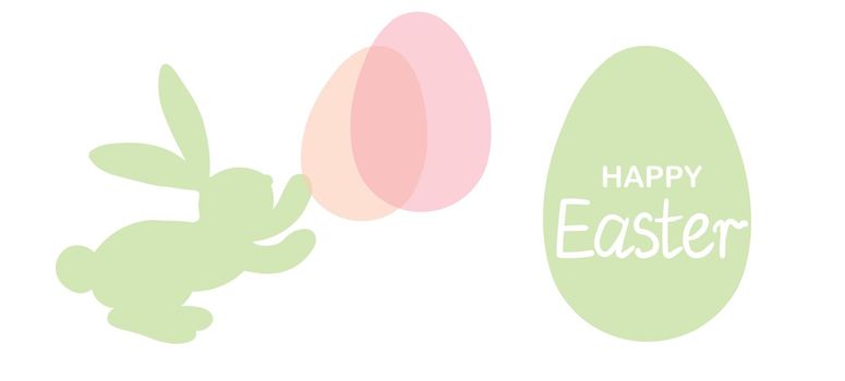 Easter background with eggs, rabbit. Happy Easter banner. Template design for greeting card, postcard, header for website, wallpaper, poster. Holiday modern frame. Vector stock illustration.