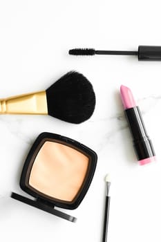 Make-up and cosmetics products on marble, flatlay background - modern feminine lifestyle, beauty blog and fashion inspiration concept