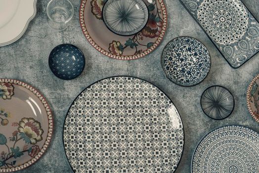 Beautiful traditional Moorish porcelain ceramic plates. illustrated middle eastern design. Marrakech Morocco. High quality photo