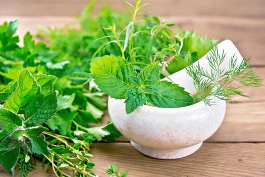 Leaves and sprigs of mint, dill, tarragon, thyme, celery and parsley in a stone mortar with a pestle and on a table against the background of wooden board