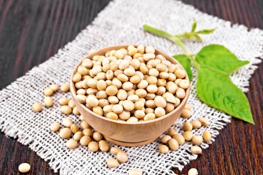 Soy beans in a bowl, green leaf on burlap on dark wooden board background