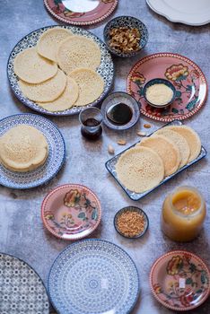 Beautiful traditional Moorish porcelain ceramic plates. illustrated middle eastern design. Marrakech Morocco. High quality photo