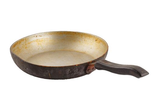 old stained aluminium pan with burnt fat isolated in white background.