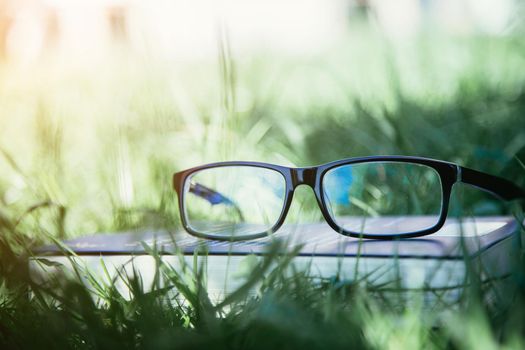 Black glasses and book outdoors in the park, summer time