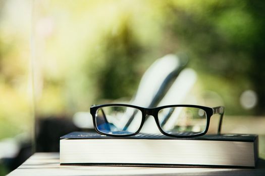 Black glasses and book outdoors in the park, summer time