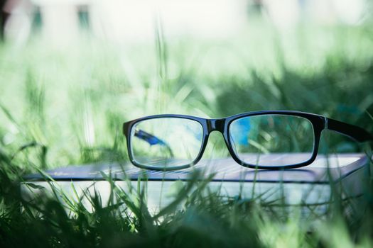 Black glasses and book outdoors in the park, summer time