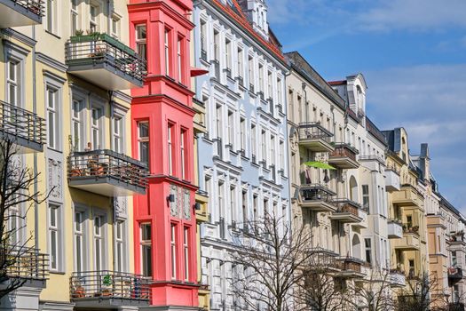 The facades of some renovated old apartment buildings seen in Prenzlauer Berg, Berlin