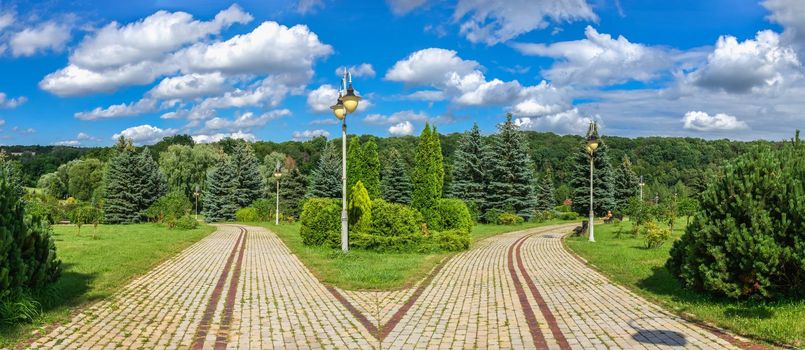 Kyiv, Ukraine 07.09.2020.  Feofaniia Park and the Cathedral of St. Panteleimon in Kyiv, Ukraine, on a sunny summer day