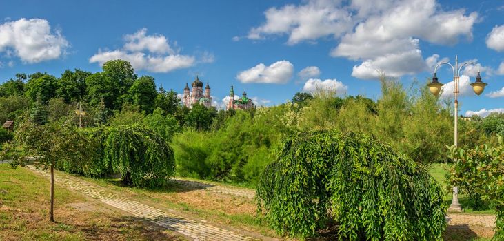 Kyiv, Ukraine 07.09.2020.  Feofaniia Park and the Cathedral of St. Panteleimon in Kyiv, Ukraine, on a sunny summer day