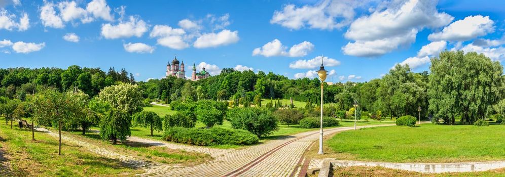 Kyiv, Ukraine 07.09.2020.  Feofaniia Park and the Cathedral of St. Panteleimon in Kyiv, Ukraine, on a sunny summer day