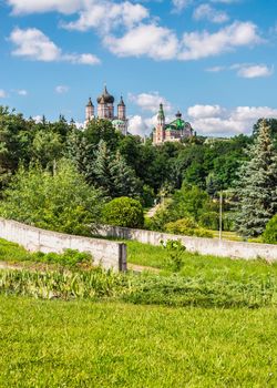 Kyiv, Ukraine 07.09.2020.  Feofaniia Park and the Cathedral of St. Panteleimon in Kyiv, Ukraine, on a sunny summer day