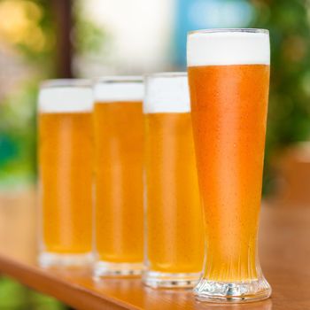 Beer mugs, glasses side by side with green background