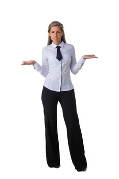 Full length portrait of puzzled business woman shrugging shoudres studio isolated on white background, business people