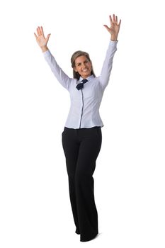 Full length portrait of young business woman with arms raised studio isolated on white background, business people