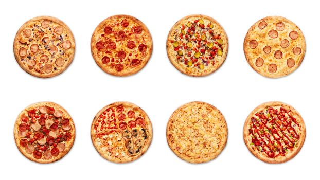 different pizza on white background. High quality photo