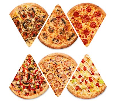 Cut into slices delicious fresh pizza with pepperoni on a white background. Top view . Pizza on the white table. High quality photo