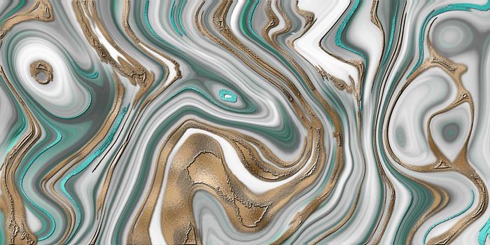 Liquid marble agate, abstract white grey green turquoise marble agate granite, golden veins, kintsugi technique, abstract fluid stone texture, marbled surface, digital marbling. Illustration