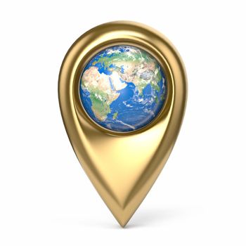 Map pointer with globe 3D render illustration isolated on white background Texture of this image furnished by NASA