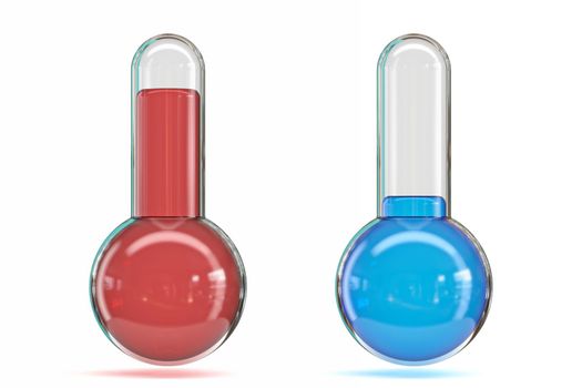 Red and blue thermometers 3D render illustration isolated on white background