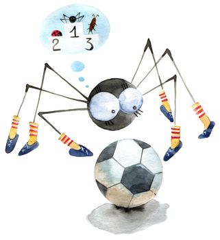 Cute illustration of footballer spyder. Drawing by watercolor on white background.