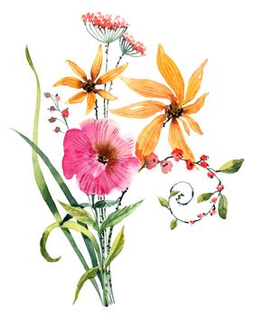 Beautiful bouquet of flowers painted by watercolor. Isolated illustration on white background.