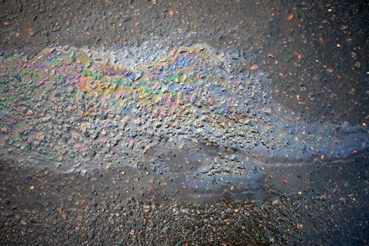 Gasoline flows on the asphalt surface. Iridescent stains of gasoline.