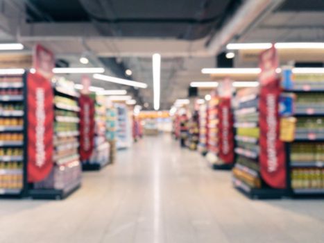 Abstract blurred supermarket aisle with colorful shelves and unrecognizable customers as background