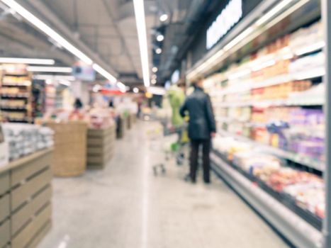 Abstract blurred supermarket with colorful shelves and unrecognizable customers as background