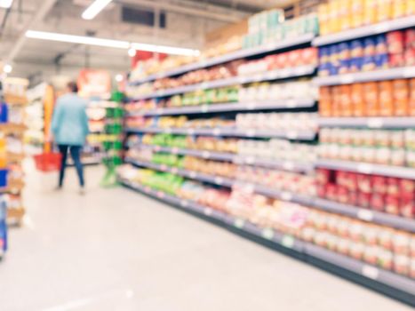 Blurred colorful supermarket products on shelves - background with shallow DOF