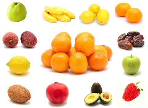 A photo collection collage of tasty fresh fruits on white background.