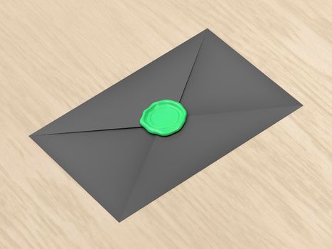 Black envelope sealed with green wax on wood table