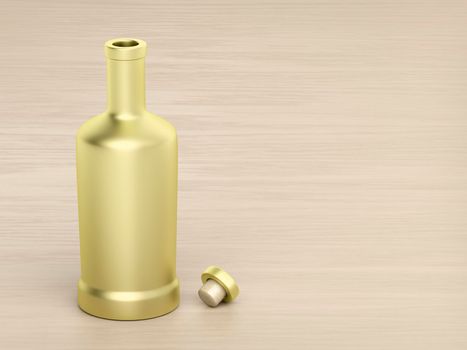 Gold bottle for alcoholic beverage on wood table