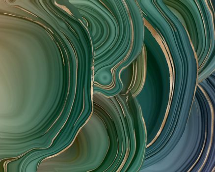 Beautiful pastel gteen gold abstract marble agate design. Abstract marbling agate texture and shiny gold curves background. Fluid marbling effect. Illustration