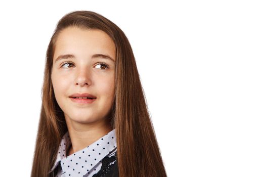 portrait of a brunette teenage girl with long hair isolated on white background