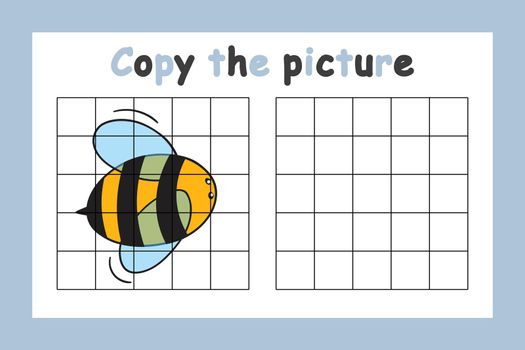 Copy the picture. Educational game for children. Cute bee, wasp. Drawing activity for kids. Colorful vector illustration.