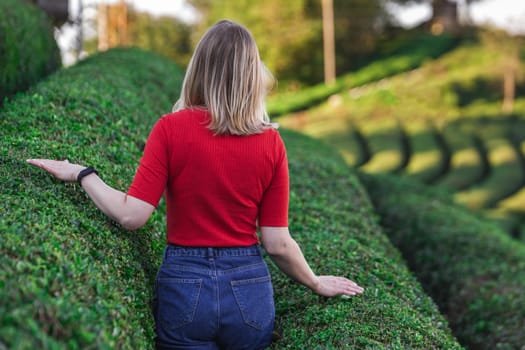 Maiden in a red blouse posing at the tea plantation in Haremtepe Ceceva village, Rize, Turkey.