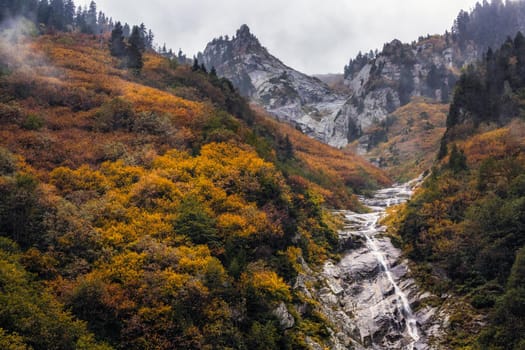 Ayder Plateau Natural Gelintulu Waterfall surrounded by autumn colors near Rize, Turkey.