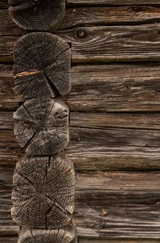 Wooden log cabin or felling  Rustic texture or background. Aged wood wall and boards