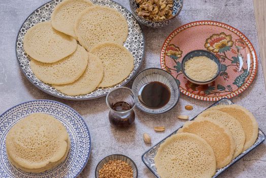 Beautiful traditional Moorish porcelain ceramic plates. illustrated middle eastern design. Marrakech Morocco. High quality photo