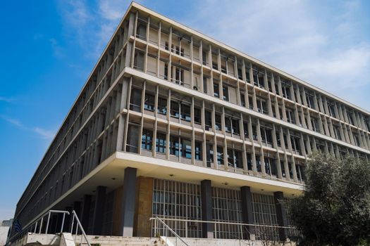 Exterior day low angle view of courts of justice building without crowd.