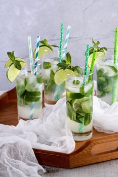 Refreshing infused water with cucumber, mint and lime. Summer drink cocktail lemonade. Healthy drink and detox concept