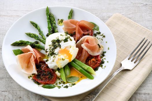 Best Eggs Benedict - Poached eggs with prosciutto, asparagus, sun-dried tomatoes and pesto